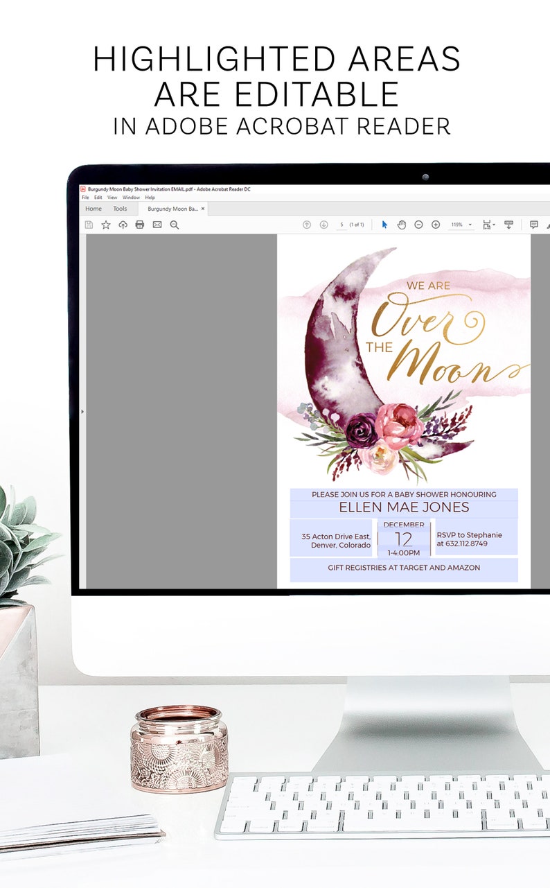 K&ouml;nnte beinhalten: Ein digitales Bild einer Babyparty-Einladung mit einer Aquarell-Illustration eines Halbmondes mit rosa und violetten Blumen. Der Text lautet "We are over the moon" in goldener Schrift. Die Einladung enth&auml;lt den Namen des Babys, das Datum, die Uhrzeit und den Ort der Party. Der Text enth&auml;lt auch den Satz "Gift registries at Target and Amazon".