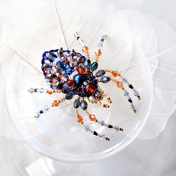 Colorful spider brooch, Spider ring, Unique spider jewelry art, bead embroidered orange dark blue wonderful spider gift for Spider Lover