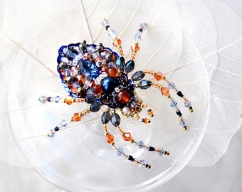 Broche de araña colorido, anillo de araña, arte de joyería de araña único, regalo de araña maravilloso azul oscuro naranja bordado con cuentas para amante de las arañas