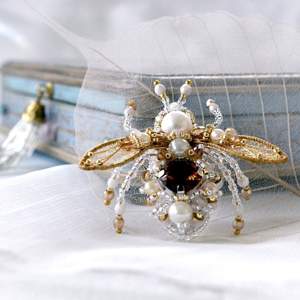 Small Honey Bee pin Pearl brown gold Bee brooch unique embroidered designer's jewelry Bumblebee brooch OOAK Anniversary gift for beloved one