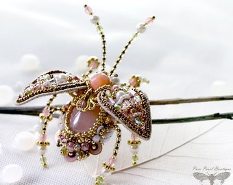 Feminine jewelry Beetle Brooch Insect jewelry Exquisite jewelry Designer Hand embroidered Rose Quartz Indian inspired Luxury Gift for Her