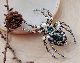 Spider brooch, Halloween jewelry, Spider jewelry, Sea Sediment Jasper Spider pin, Spider jewellery, Blue jewelry, blue spider, belt buckle