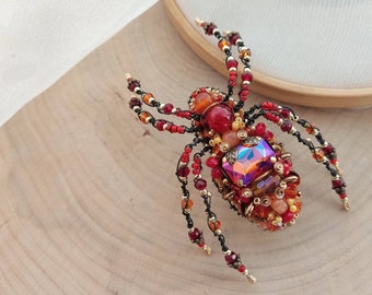 Orange Red Spider Brooch - Exquisite Bead Embroidered Crystal Jewelry for a Creepy Chic Look, Insect Art Jewelry