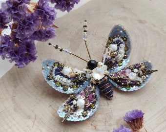 Butterfly Art Jewelry Handmade Gift For Her, Purple Lavender Embroidered Butterfly Insect Brooch