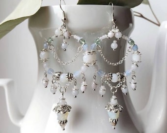 Milky White Dangle Circle Drop Earrings with Charms and Chains - Bohemian Chic Ear Jewelry