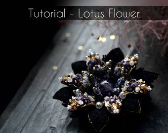 Tutorial in PDF, embroidery tutorial, beading tutorial, beadwork, jewelry tutorial, hand embroidery, Lotus flower, master class in PDF