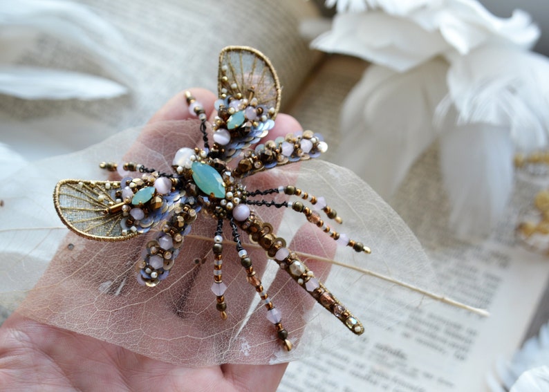 Dragonfly rhinestone crystal brooch, beaded Insect jewelry pin, Mosquito brooch, Dragonfly jewelry Christmas gift for woman image 2