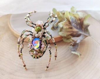Spider jewelry, Spider brooch, Green pink Spider pin, Spider jewellery