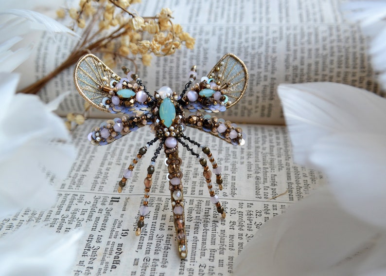 Dragonfly rhinestone crystal brooch, beaded Insect jewelry pin, Mosquito brooch, Dragonfly jewelry Christmas gift for woman image 3