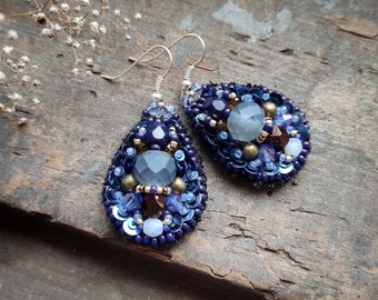 Beaded Earrings, Royal Blue Embroidered Jewelry