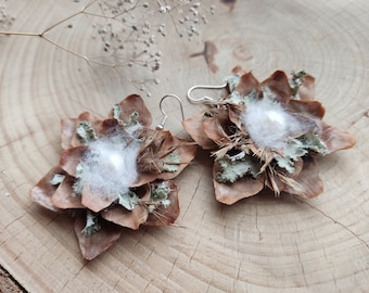 Rustic Dangle Earrings - Flowers made of Spruce Cone Scales - Woodland Jewelry