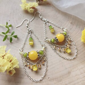 Yellow earrings with Nephrite and Cat eye / Chandelier earrings / Earrings with charms and chains / Dangle earrings with pendants zdjęcie 1