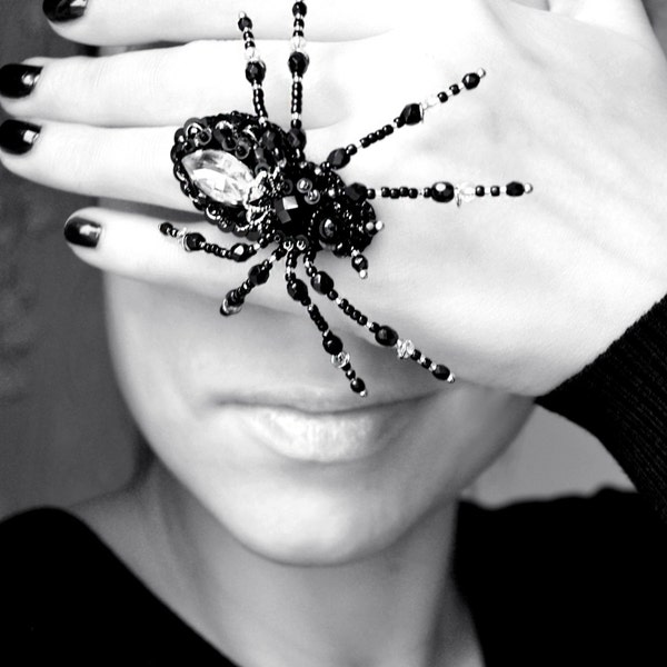 Big Spider ring Statement Spider jewelry Black Silver crystal Gothic ring adjustable Spider Witchcraft Bead embroidered Unique gift for her