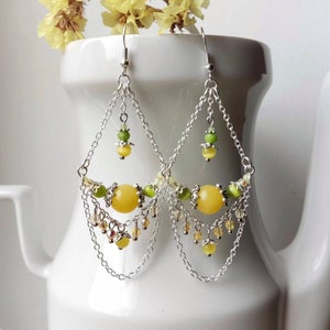 Yellow earrings with Nephrite and Cat eye / Chandelier earrings / Earrings with charms and chains / Dangle earrings with pendants zdjęcie 2