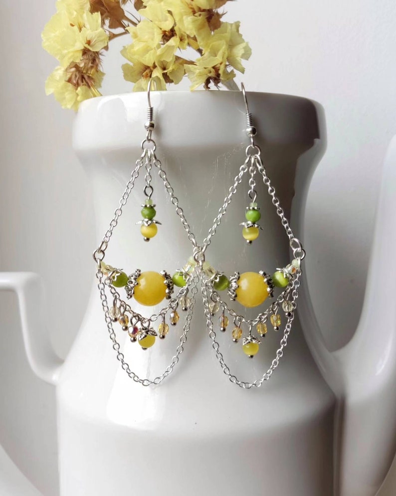 Yellow earrings with Nephrite and Cat eye / Chandelier earrings / Earrings with charms and chains / Dangle earrings with pendants zdjęcie 2