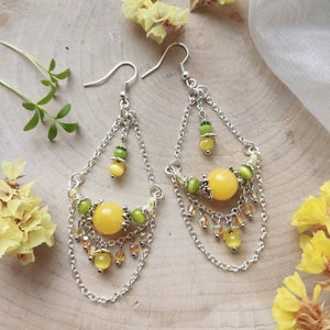 Yellow earrings with Nephrite and Cat eye / Chandelier earrings / Earrings with charms and chains / Dangle earrings with pendants zdjęcie 3