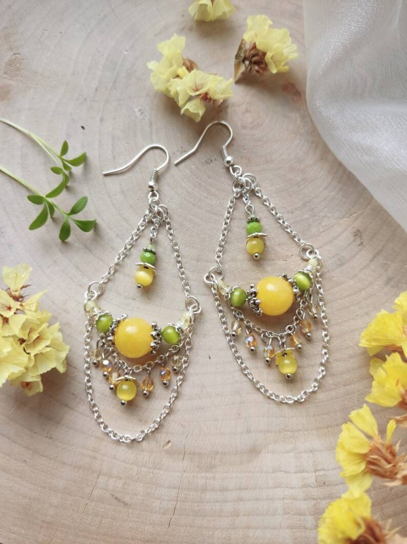 Yellow earrings with Nephrite and Cat eye / Chandelier earrings / Earrings with charms and chains / Dangle earrings with pendants zdjęcie 3