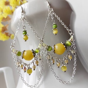 Yellow earrings with Nephrite and Cat eye / Chandelier earrings / Earrings with charms and chains / Dangle earrings with pendants zdjęcie 4