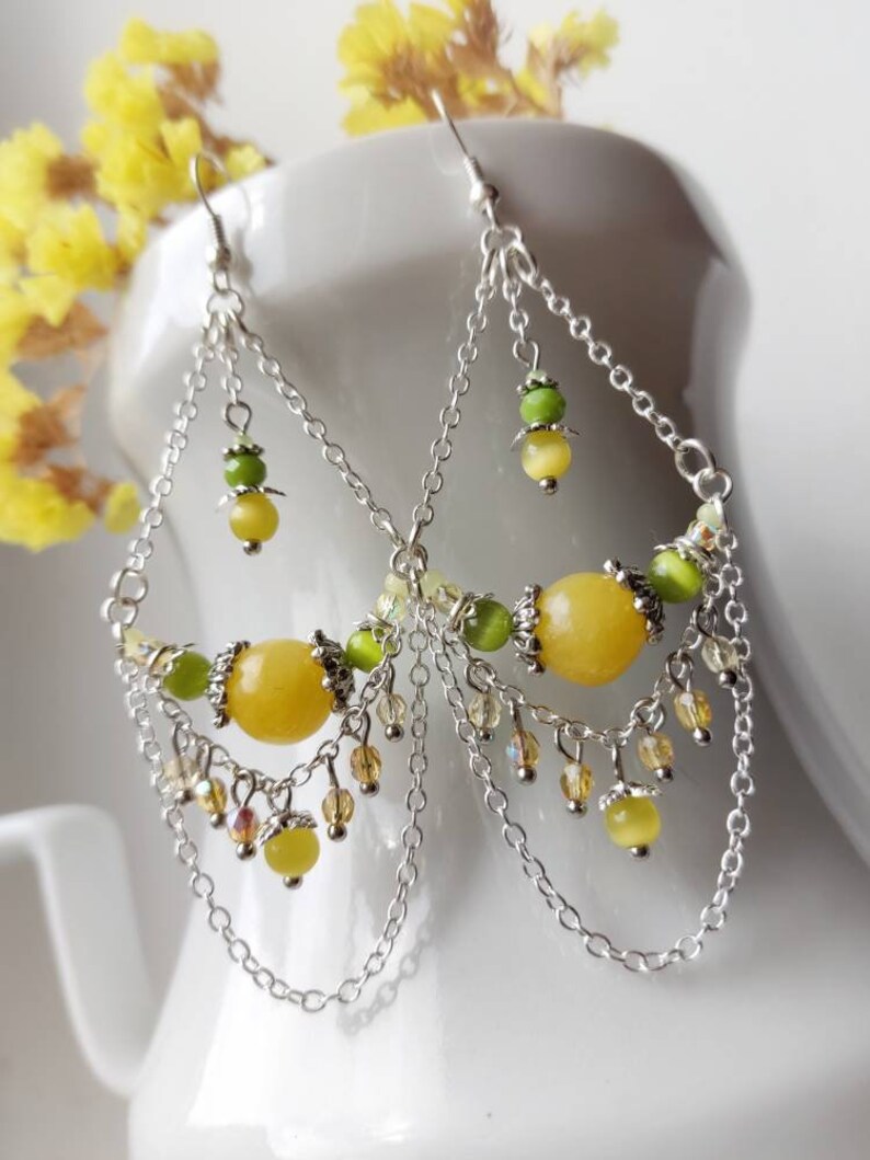 Yellow earrings with Nephrite and Cat eye / Chandelier earrings / Earrings with charms and chains / Dangle earrings with pendants zdjęcie 4