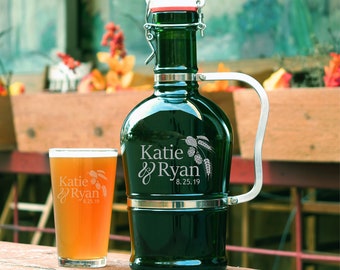 Custom Wedding Beer Growler with Two Matching Pint Glasses