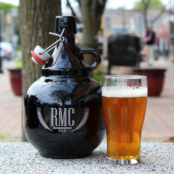 Personalized Amber Glass Growler - Sandblasted Engraving, Swing-Top Lid