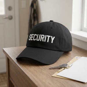 May include: A black baseball cap featuring the word SECURITY embroidered in white capital letters across the front panel. The cap has a structured crown, a curved brim, and stitched eyelets on the top panels for ventilation and a classic fit.