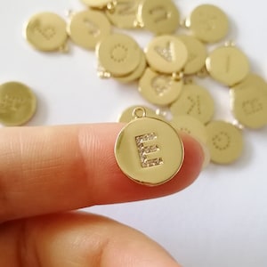 11mm round Letters charm, Plated 18k Gold Zirconia Letters, Golden Alphabet Intial Disc, Personalized Initials
