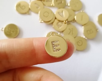 11mm round Letters charm, Plated 18k Gold Zirconia Letters, Golden Alphabet Intial Disc, Personalized Initials
