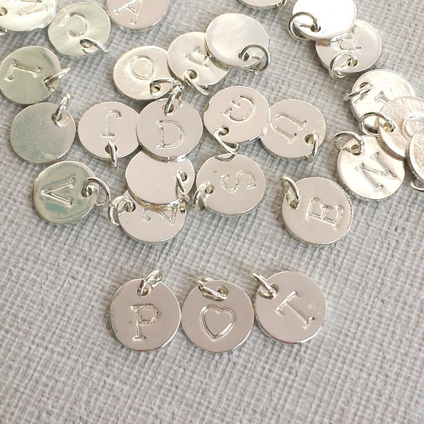 10mm round Letters charm, Plated Silver Tiny Letters, Silver Alphabet Intial Disc, Personalized Initials