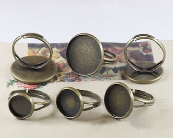 10pcs Antique Bronze Cameo Cabochon Base Setting Round with Adjustable Ring Filigree Rings RB03a