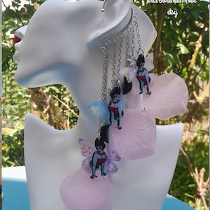 Fairy zijden organza vlinder zilveren oor manchet wrap kroonluchter oorbel, godin hemelse sieraden, boho festival, geen piercing, handgemaakt, geschenken