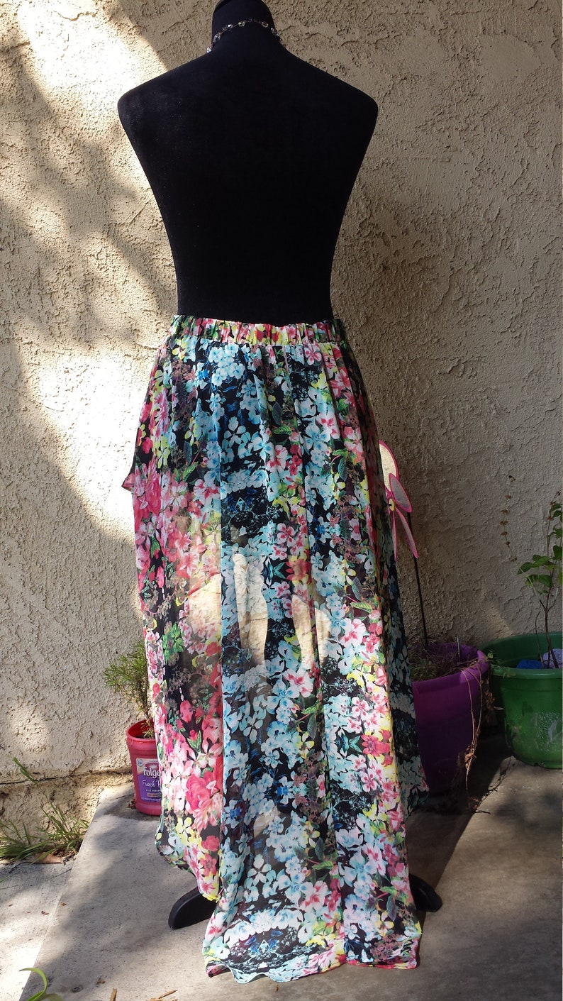 Flirty girl~floral ruffle layered mini slip skirt drapey flowy high low flower skirt size large fits 34~36