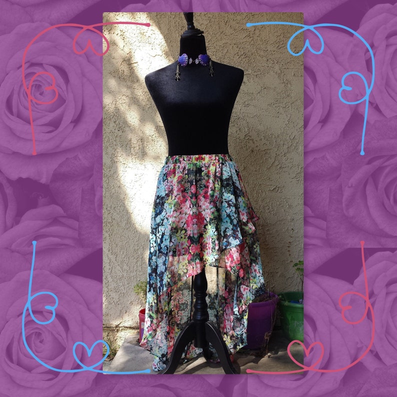 Flirty girl~floral ruffle layered mini slip skirt drapey flowy high low flower skirt size large fits 34~36