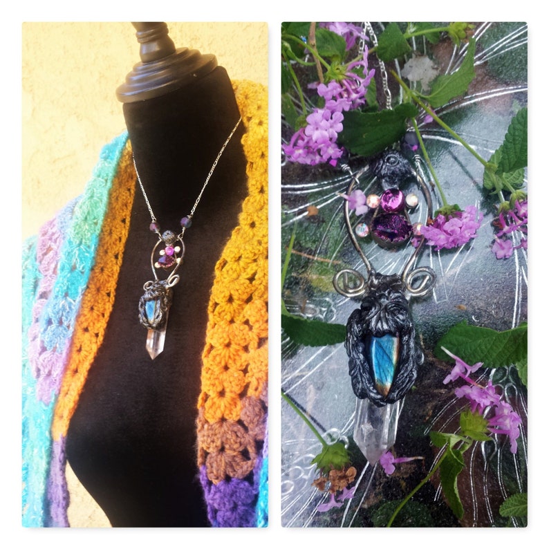 Gothic Enchanting Labradorite Talisman Wand Necklace,Soldered Quartz Crystal Stone Pendantboho gypsy stoneTribalWitchy Goddess necklace
