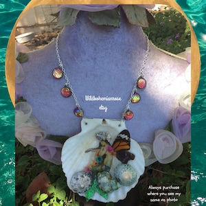 mermaid real butterfly monarch wing real large scallop seashell necklace, handmade, romantic, goddess boho ocean jewelry, gifts