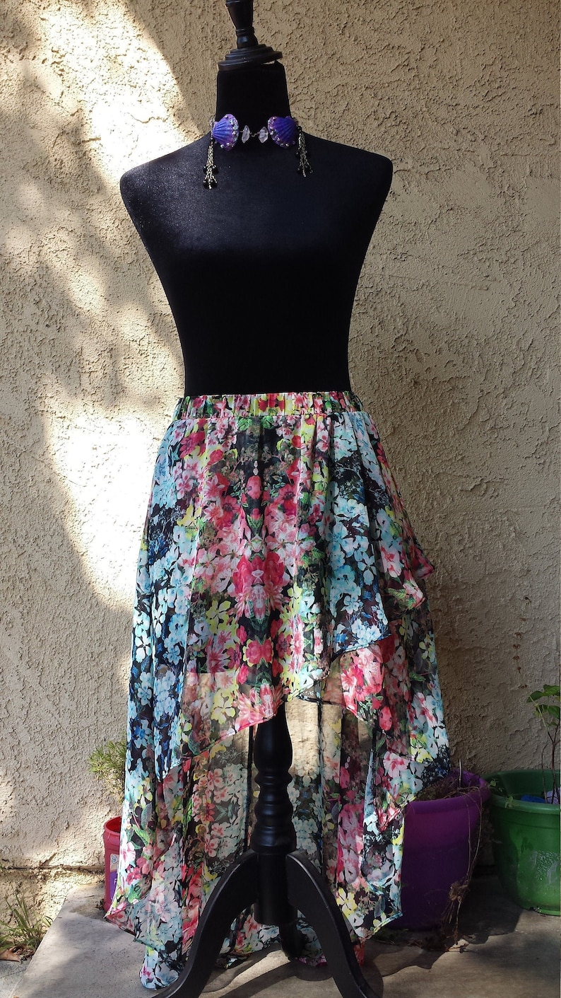 Flirty girl~floral ruffle layered mini slip skirt drapey flowy high low flower skirt size large fits 34~36