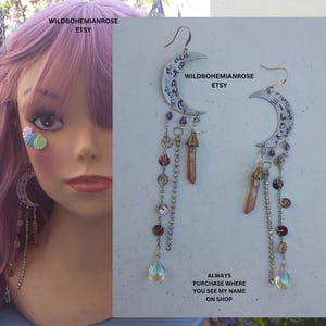 Moon &quot;STAY WILD&quot; quote silver chandelier crystal quartz earrings, handmade jewelry, goddess jewelry, gemstone jewelry, gifts for her, gifts