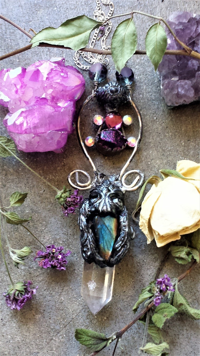 Gothic Enchanting Labradorite Talisman Wand Necklace,Soldered Quartz Crystal Stone Pendantboho gypsy stoneTribalWitchy Goddess necklace