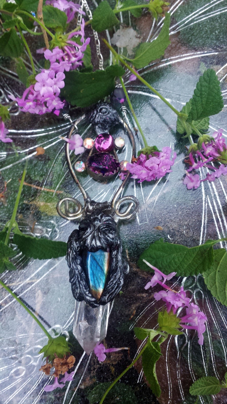 Gothic Enchanting Labradorite Talisman Wand Necklace,Soldered Quartz Crystal Stone Pendantboho gypsy stoneTribalWitchy Goddess necklace