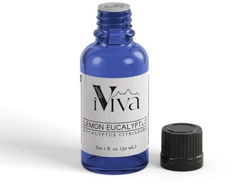May include: A blue glass bottle with a black cap, labeled "Viva Lemon Eucalyptus Eucalyptus Citriodora" and "Net 1 fl. oz. (30 ml)".