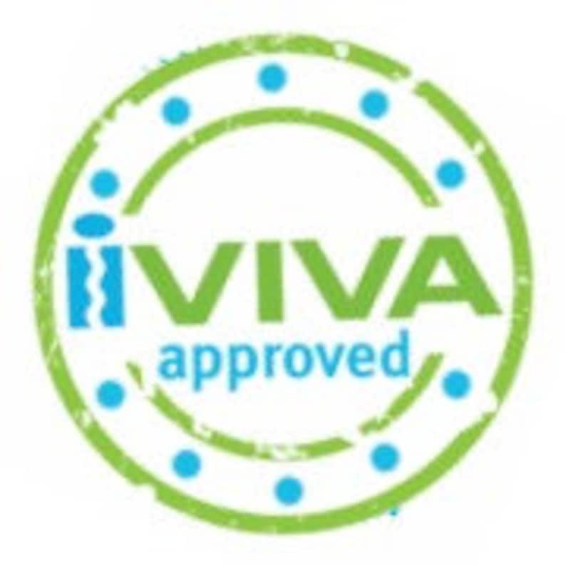 May include: Green and blue "iVIVA approved" stamp with a circle design and a grunge effect.