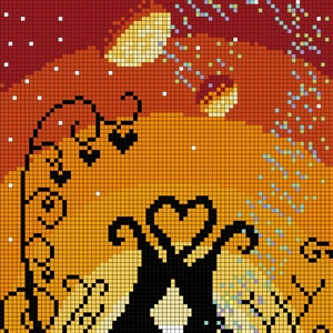 May include: A pixel art image depicting a sunset with a silhouette of two trees in the foreground. The sky is a deep purple with white stars and a bright orange and yellow sunset. The trees are black with a white flower in the centre. The background is a gradient of orange, yellow, and green.