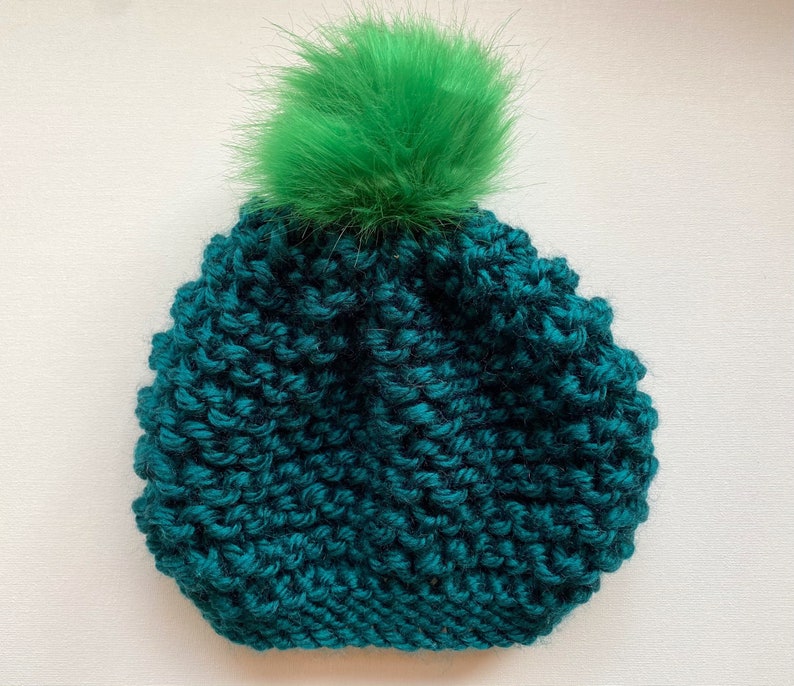 Adult Hand Knit Pom Pom Hat Faux Fur Pom