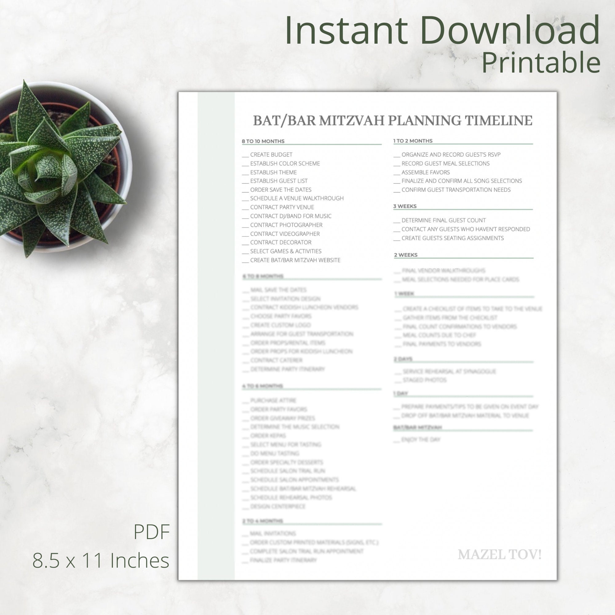 Printable Bat/bar Mitzvah Planning Timeline, Mitzvah Checklist, Mitzvah