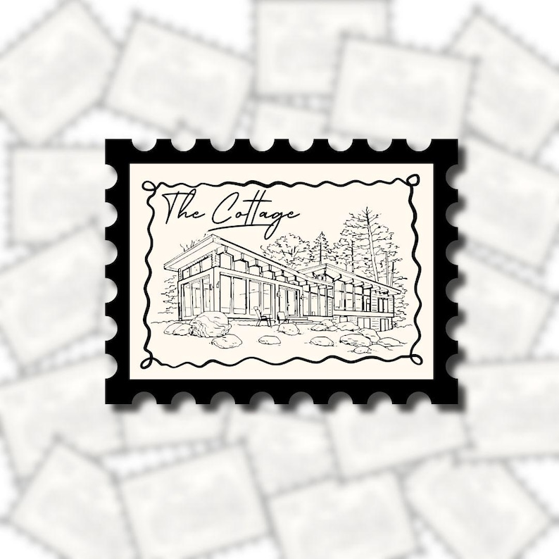 May include: Black and white illustration of a modern cottage on a postage stamp. The cottage features large windows, a sloped roof, and is surrounded by trees and rocks. The text "The Cottage" is above the cottage.