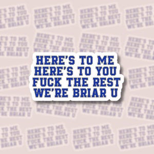 May include: A rectangular sticker with a white background and a blue border. The text reads in blue capital letters: HERE'S TO ME HERE'S TO YOU FUCK THE REST WE'RE BRIAR U. The font is a bold, block-style typeface with a thin white outline.
