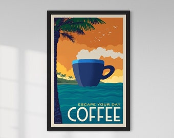 Weltreise Poster | Kreuzfahrtschiff-Liebhaber und Kaffeeliebhaber vereinen sich! Exotische Tropische Sonnenuntergang Wandkunst für Reiseliebhaber, die Kaffee lieben