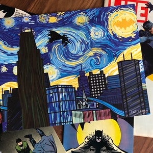 Poster/Wall art. Batman is the Dark Knight jumping through Starry Night  over Gotham City drawn in the style of Van Gogh