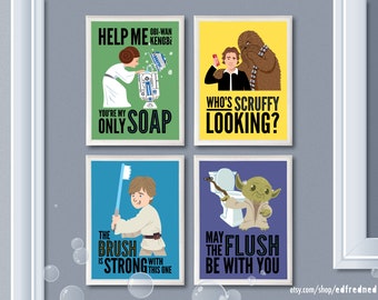 Star Wars Prints, bathroom rules for kids, print set, etiquette wall art. A new soap. Star War Bathroom. Classic Star Wars characters