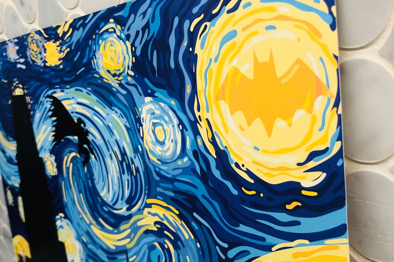 Detail of Poster/Wall art. Batman is the Dark Knight jumping through Starry Night  over Gotham City drawn in the style of Van Gogh